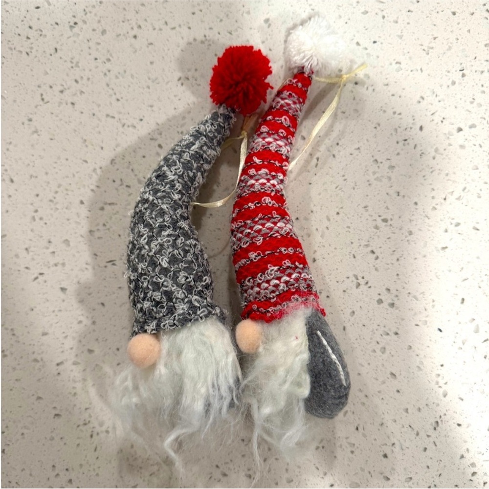 Christmas Ornaments 2 Knit Felt Festive Gnome Decor Set in Red and Gray